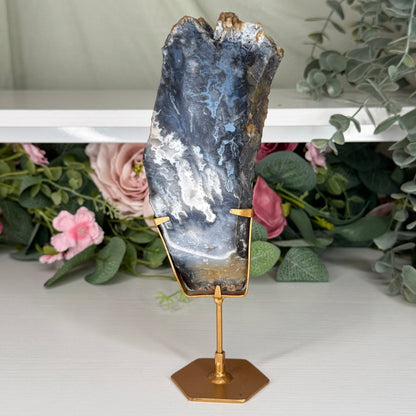 Blue Plume Agate Slab On Stand A