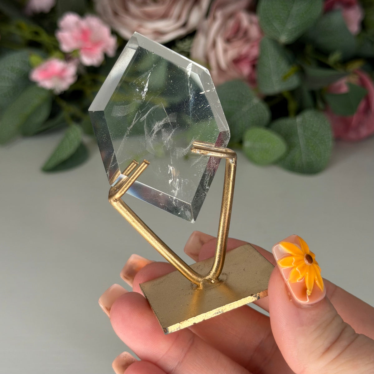 Clear Quartz Hexagon On Gold Stand D