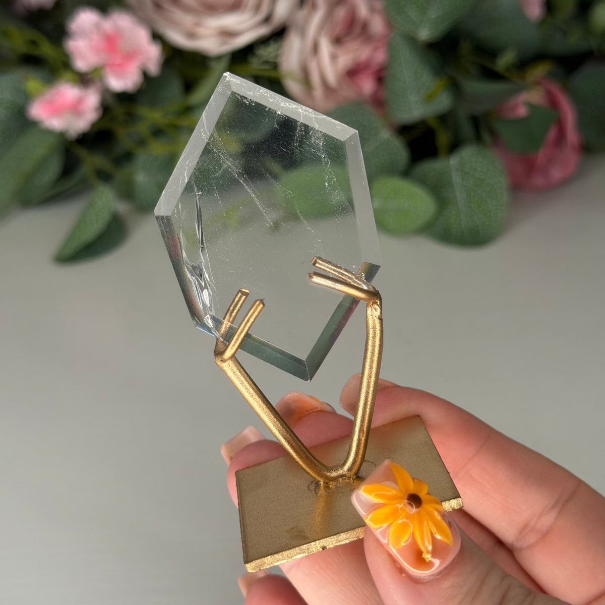 Clear Quartz Hexagon On Gold Stand B