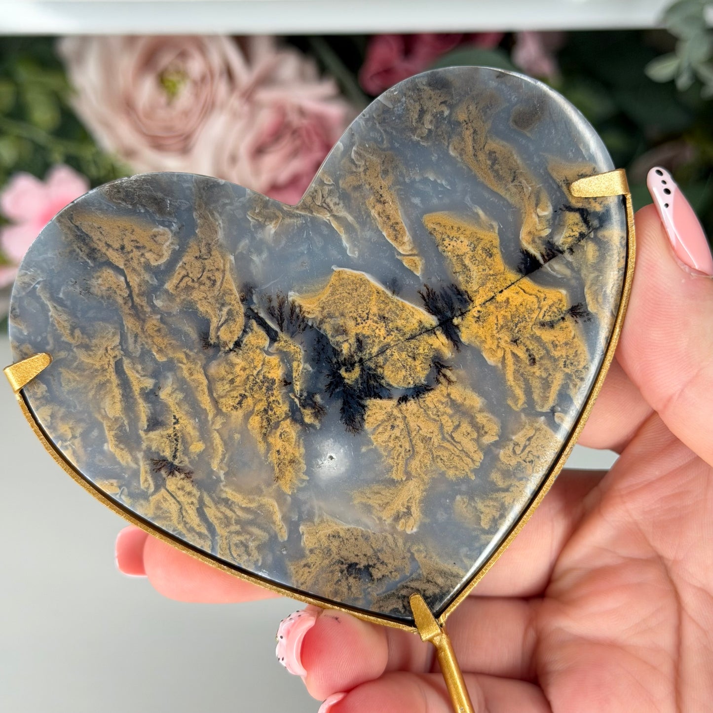 Indonesian Dendritic Moss Agate Heart On Custom Stand