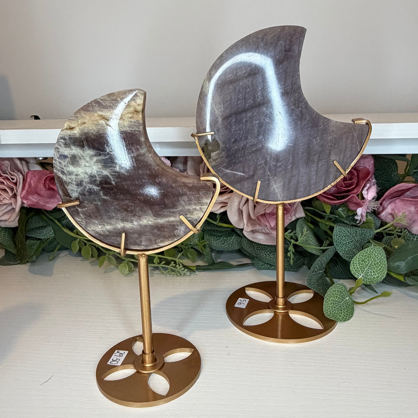Moonstone with Sunstone Moon on Gold Custom Stand
