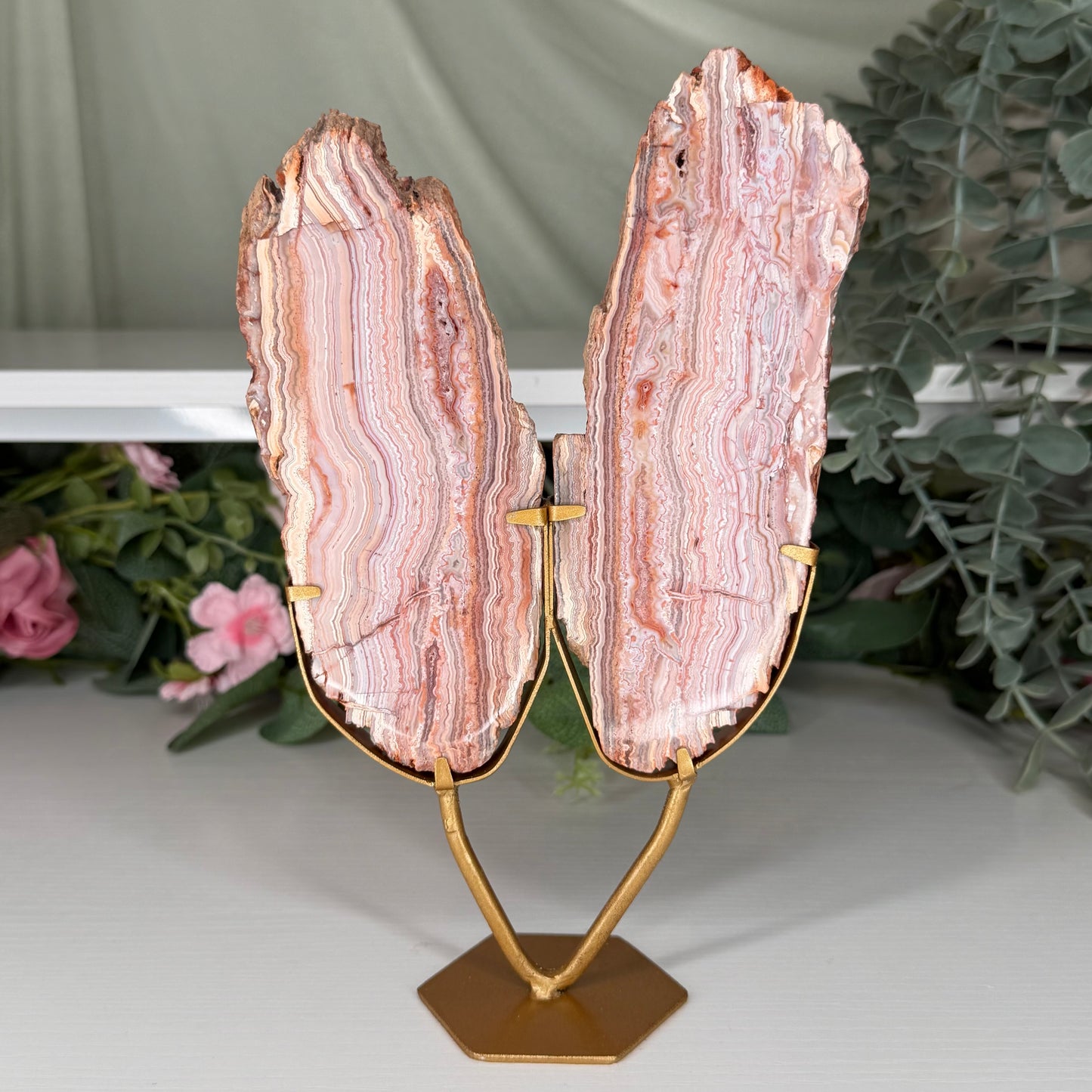 Pink Crazy Lace Agate Slab Pair On Stand