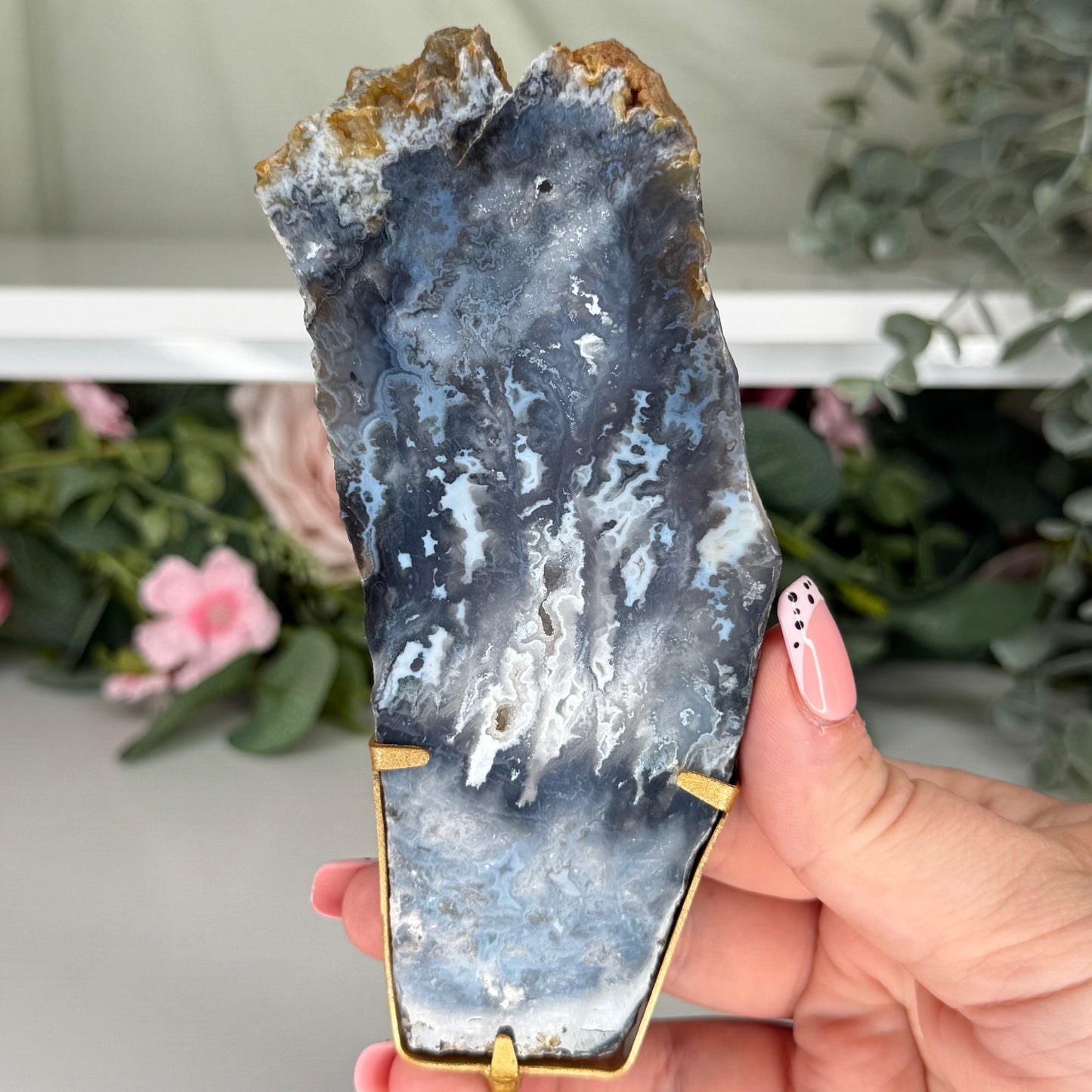 Blue Plume Agate Slab On Stand A