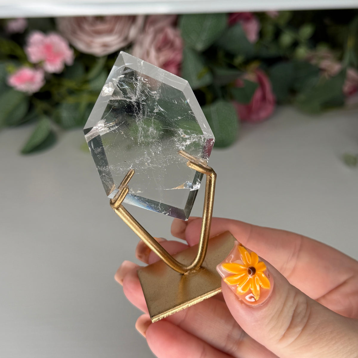 Clear Quartz Hexagon On Gold Stand E