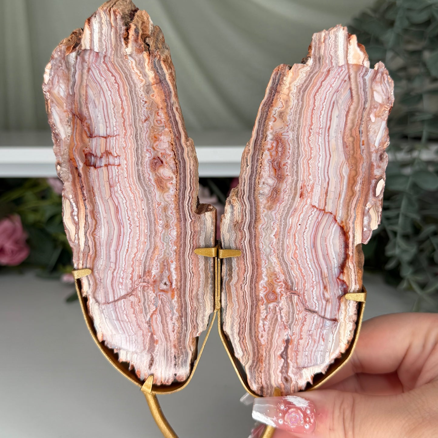 Pink Crazy Lace Agate Slab Pair On Stand