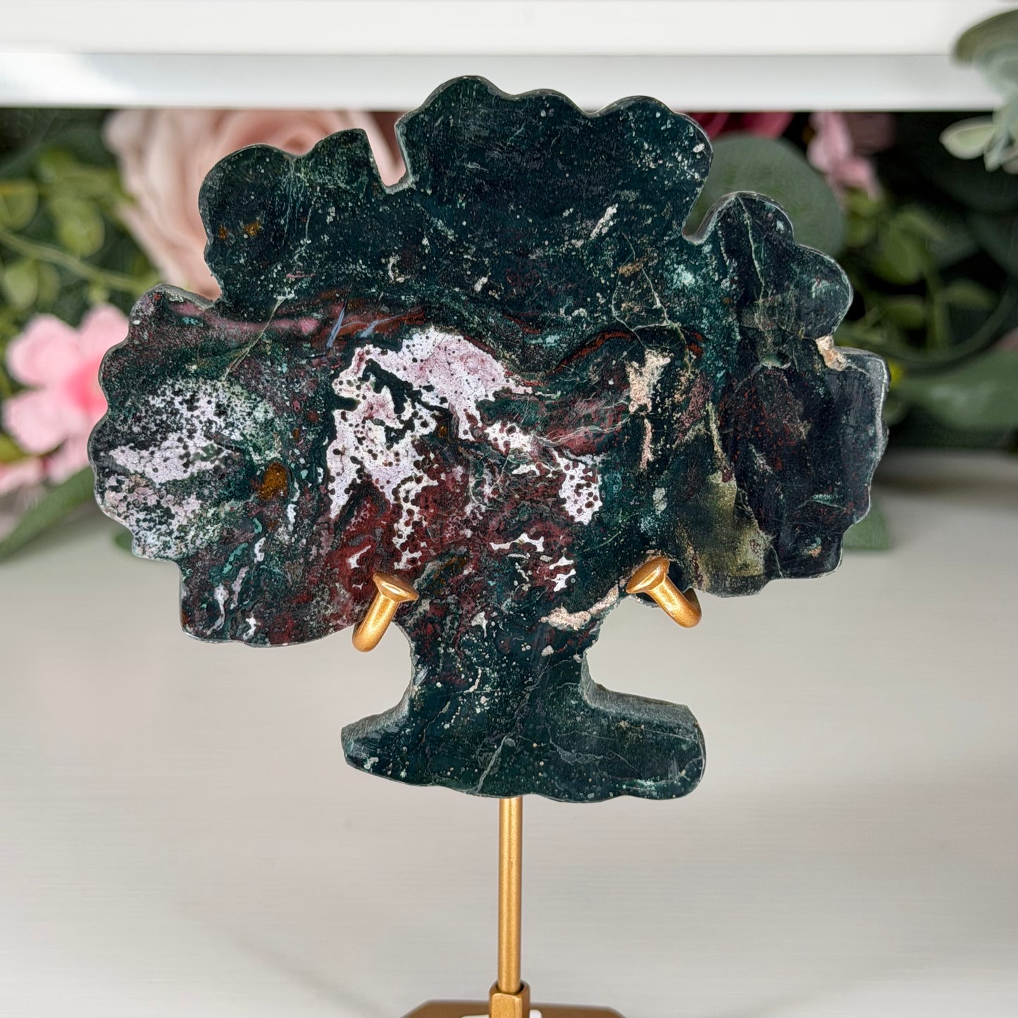 Green Jasper Tree Carving On Stand
