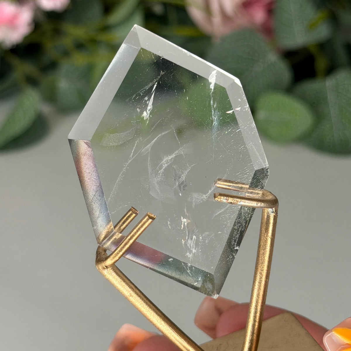 Clear Quartz Hexagon On Gold Stand D