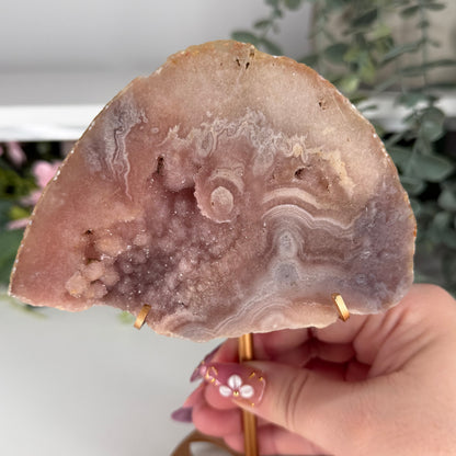 Pink Amethyst With Flower Agate On Gold Stand