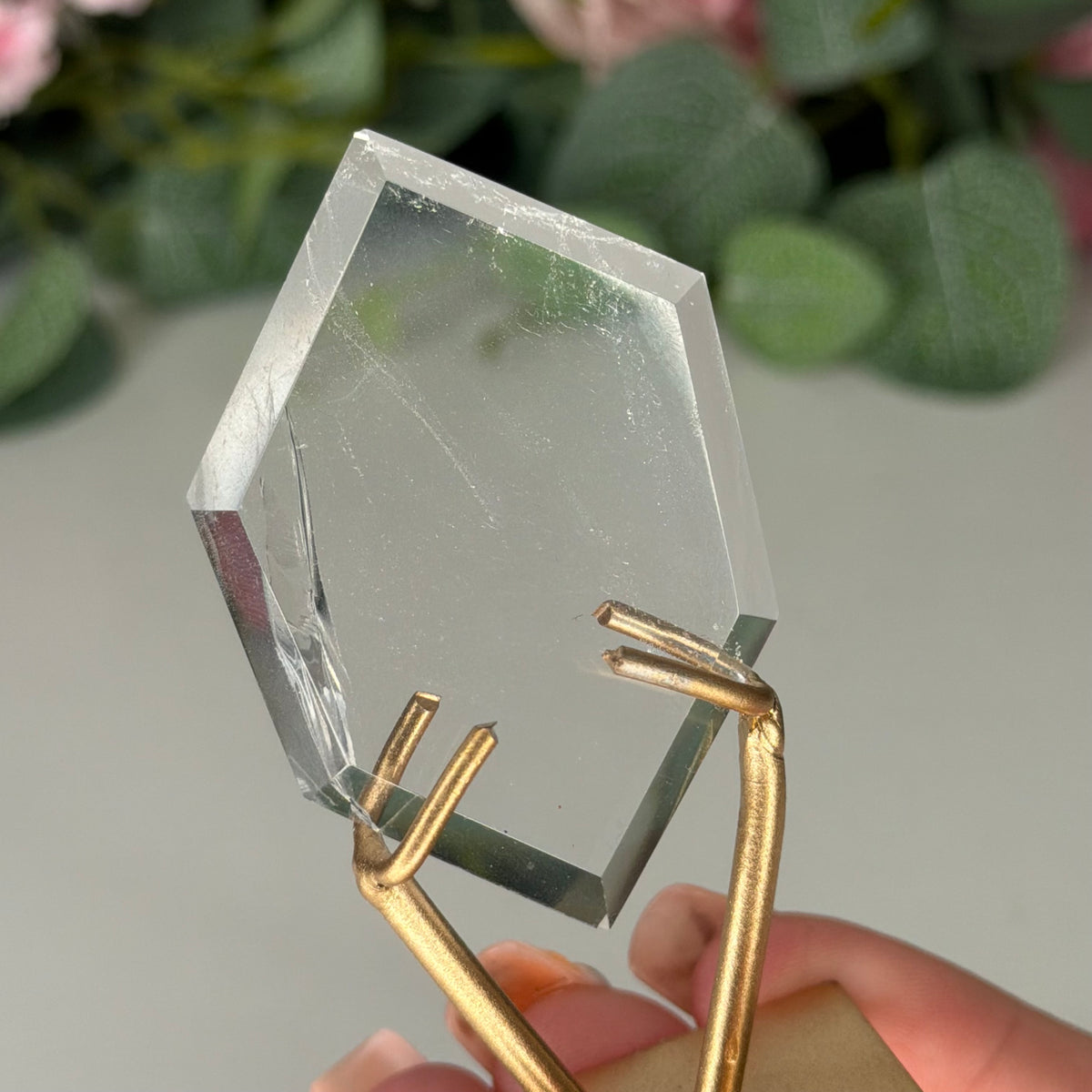 Clear Quartz Hexagon On Gold Stand B