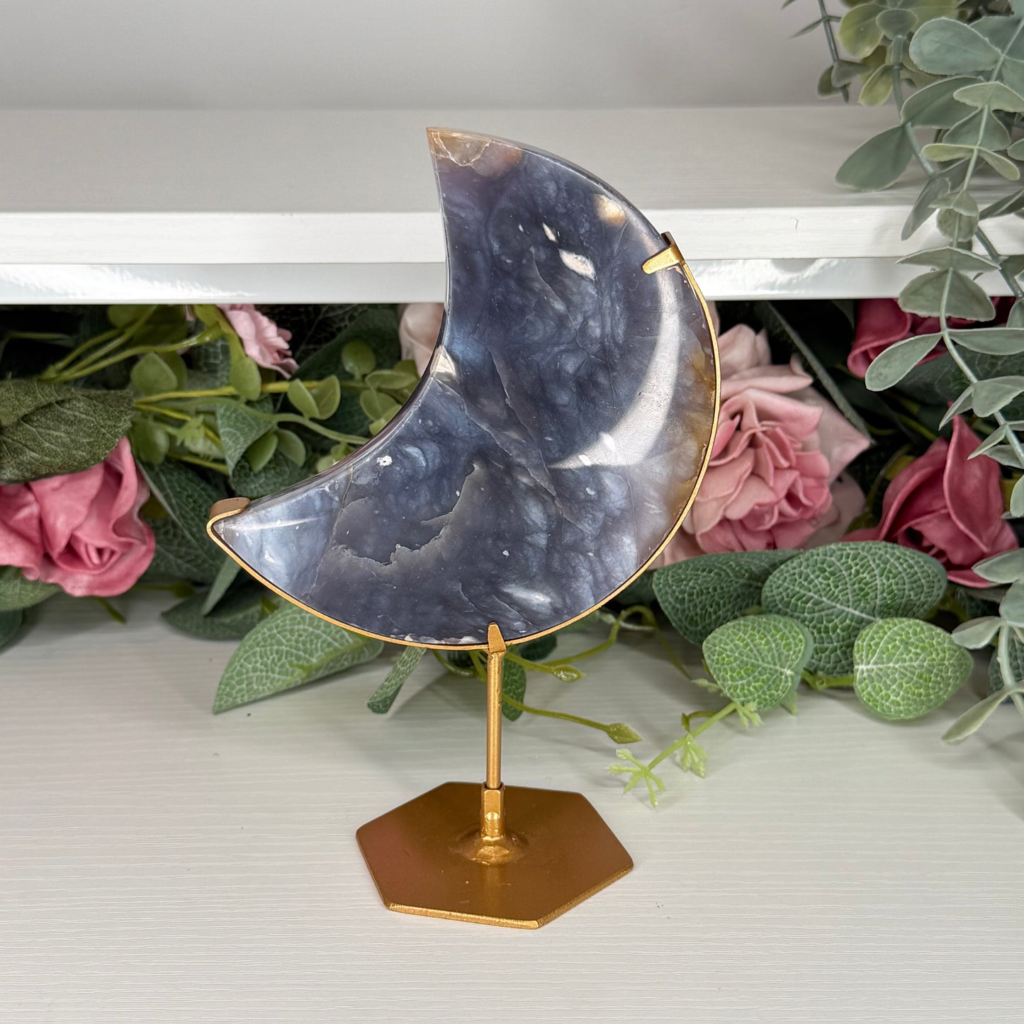 Purple Chalcedony Moon On Custom Stand