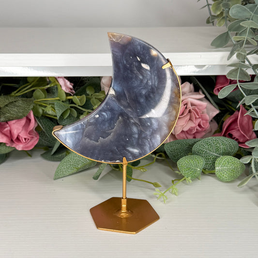 Purple Chalcedony Moon On Custom Stand