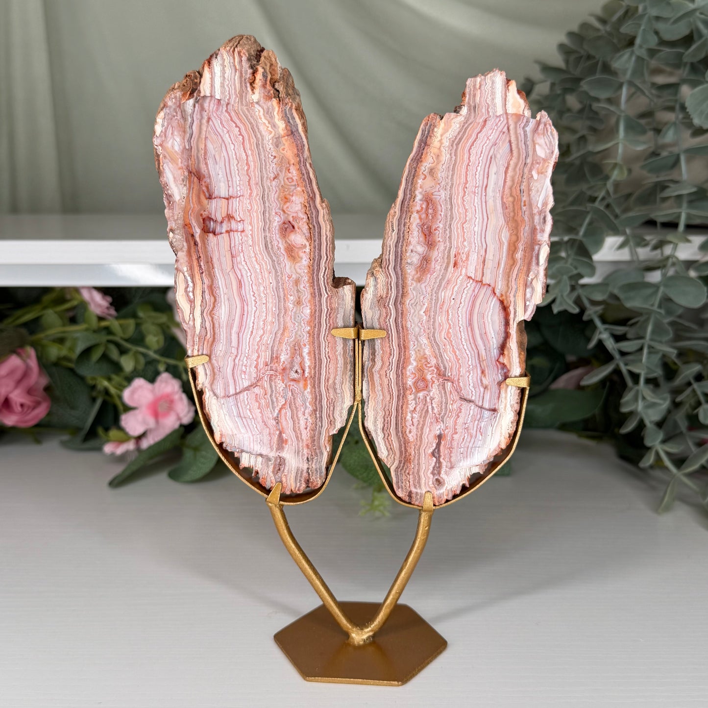 Pink Crazy Lace Agate Slab Pair On Stand