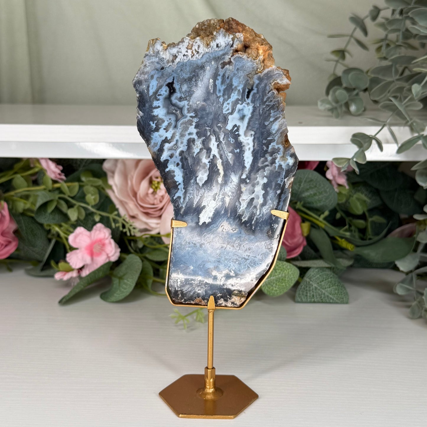 Blue Plume Agate Slab On Stand B