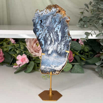 Blue Plume Agate Slab On Stand B