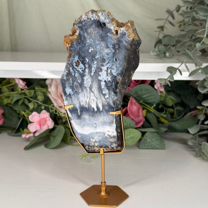 Blue Plume Agate Slab On Stand B