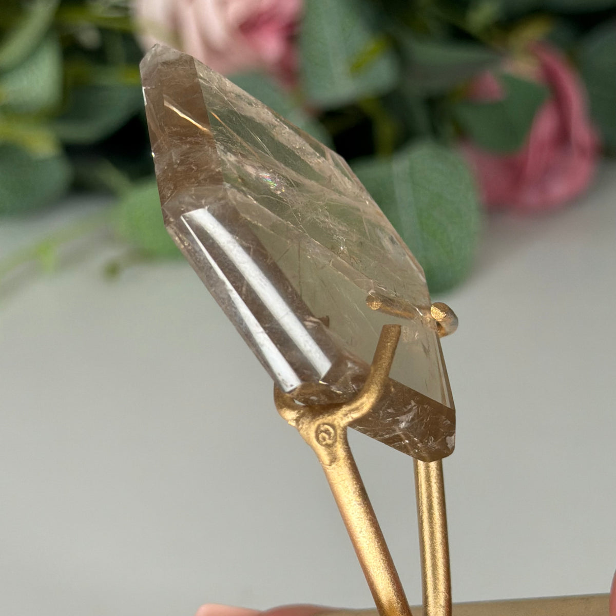 Smokey Quartz Hexagon On Gold Stand D