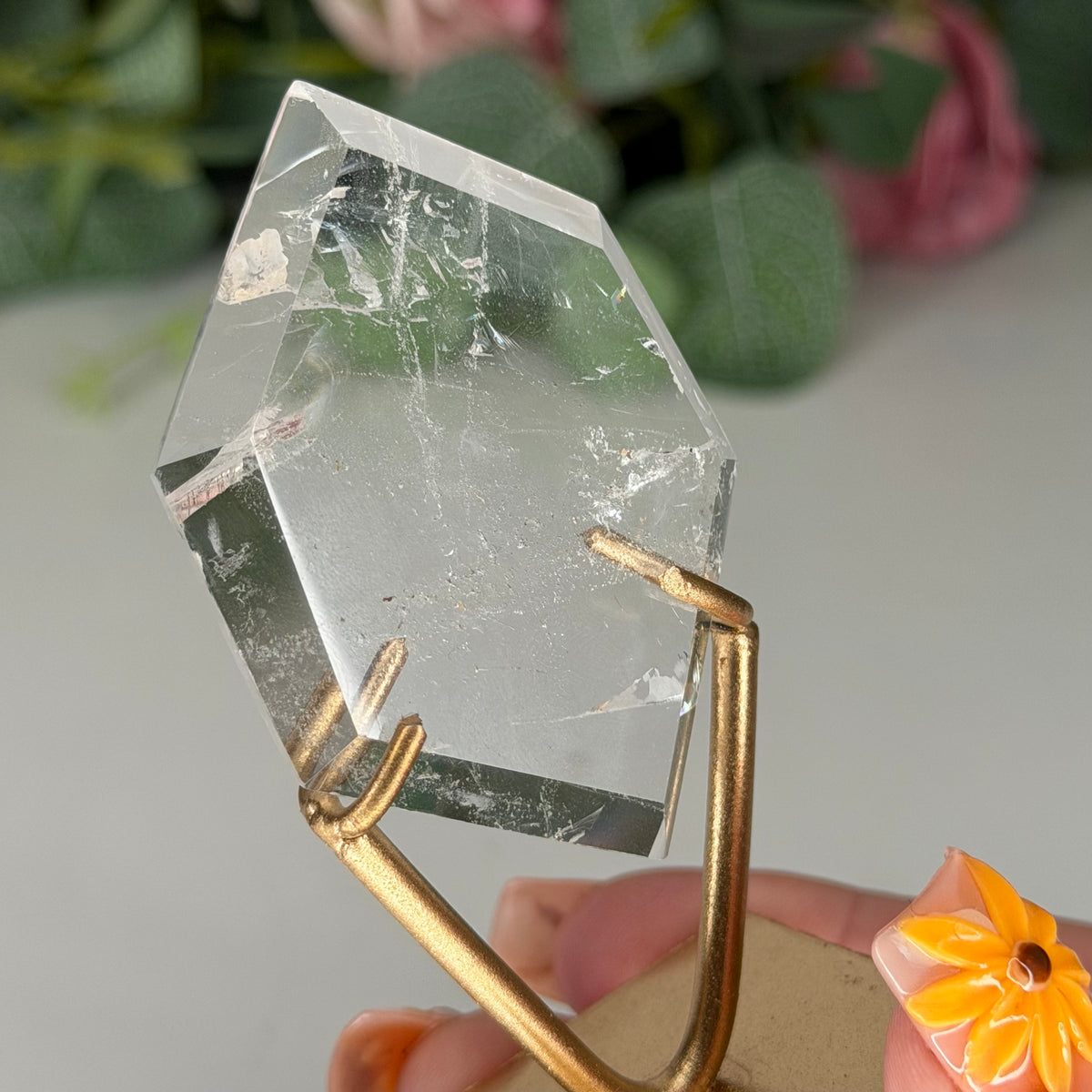 Clear Quartz Hexagon On Gold Stand E