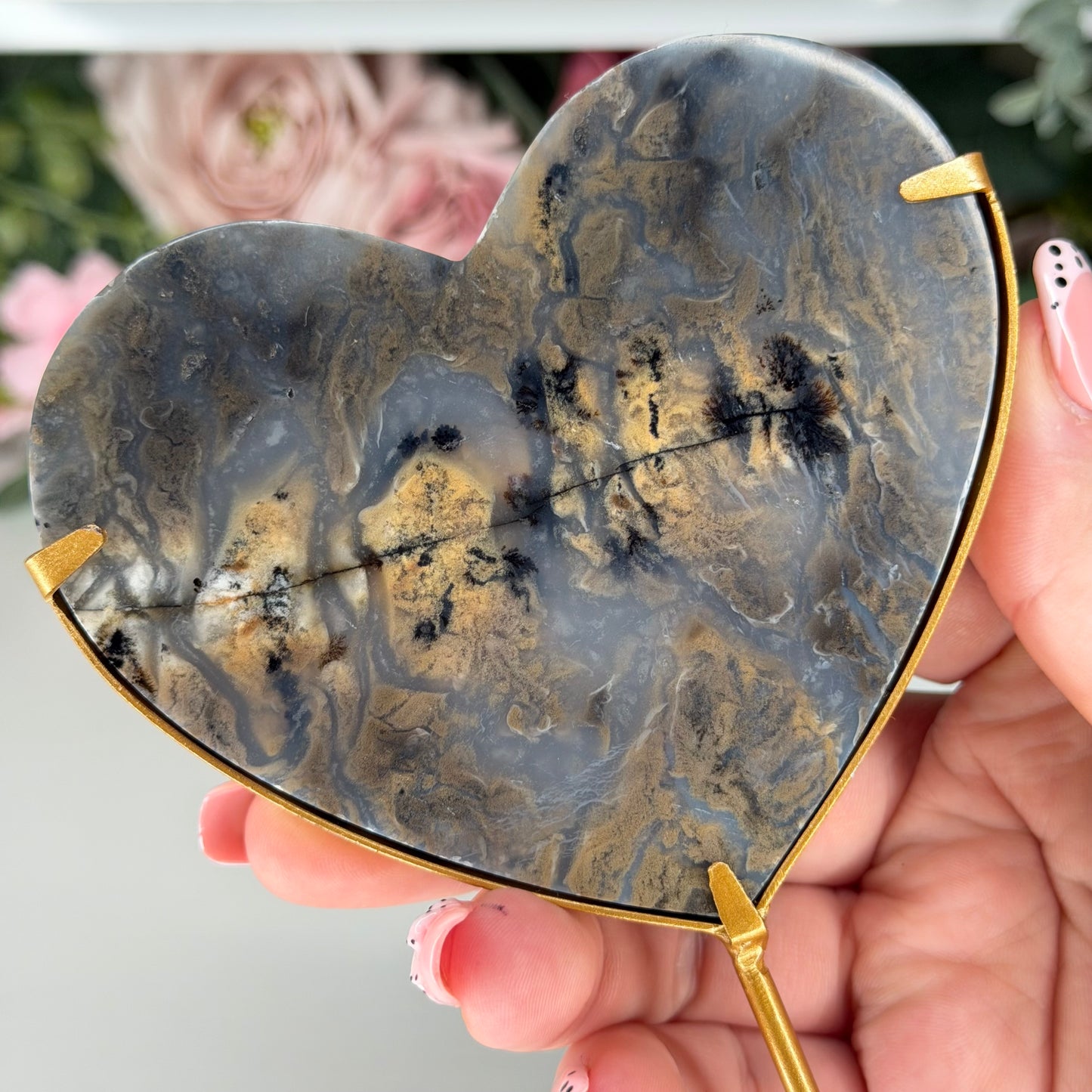 Indonesian Dendritic Moss Agate Heart On Custom Stand
