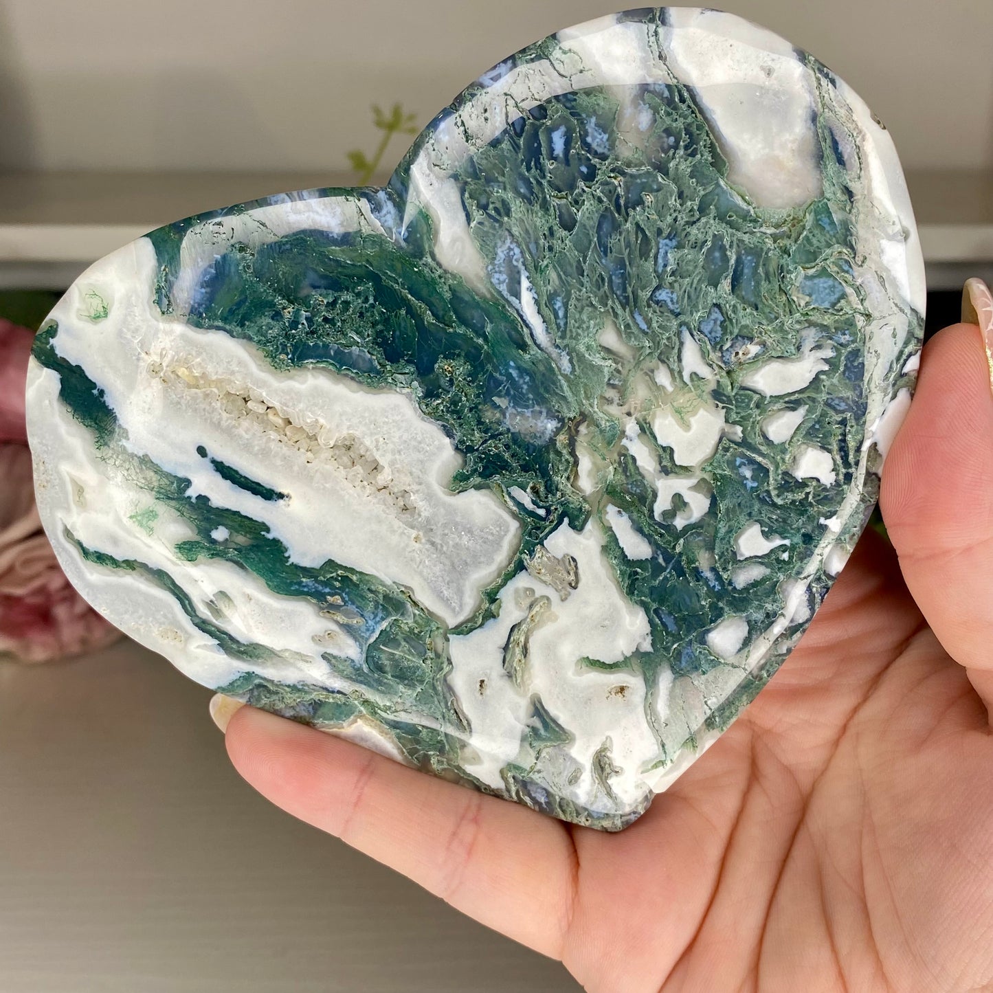 Moss Agate Heart on a Custom Stand