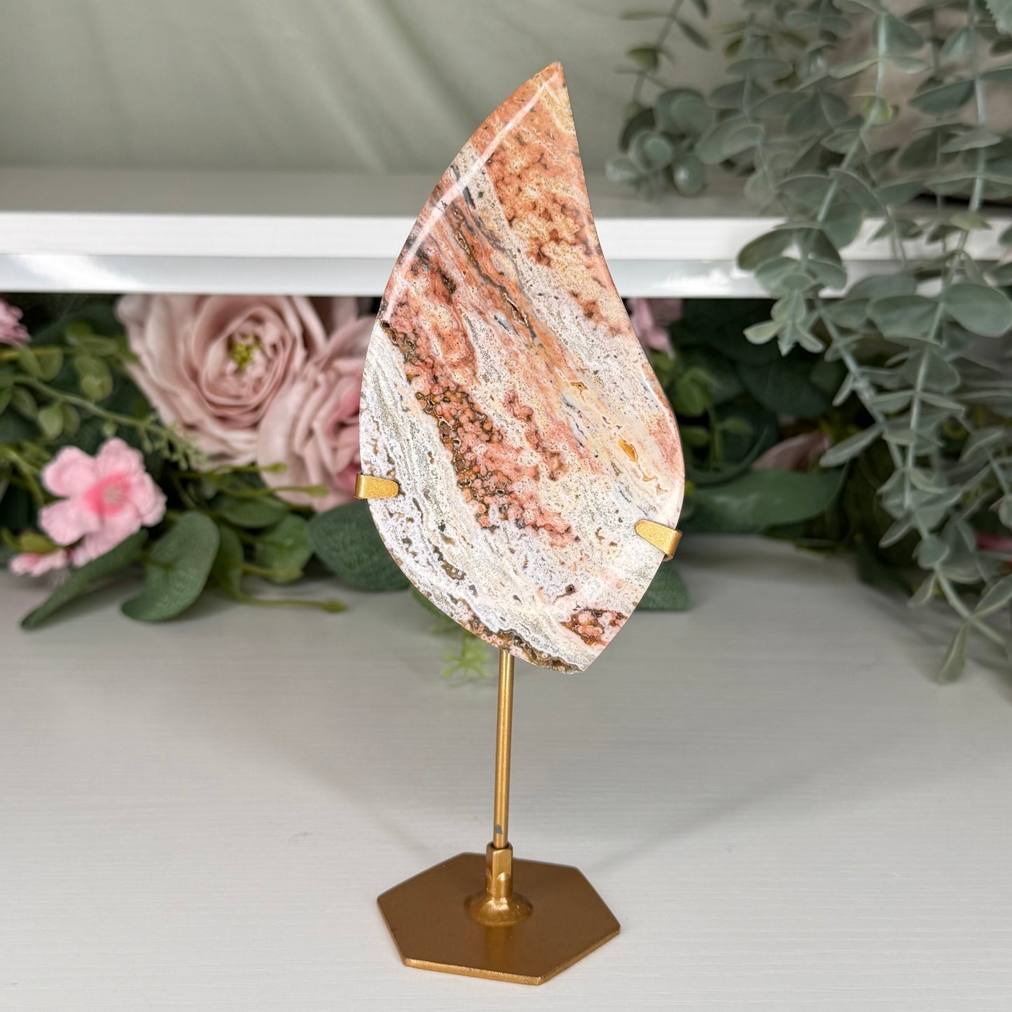 Pink Ocean Jasper Teardrop On Custom Stand