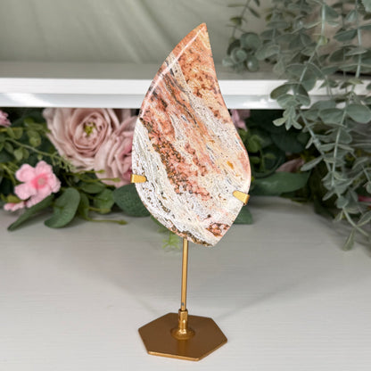Pink Ocean Jasper Teardrop On Custom Stand