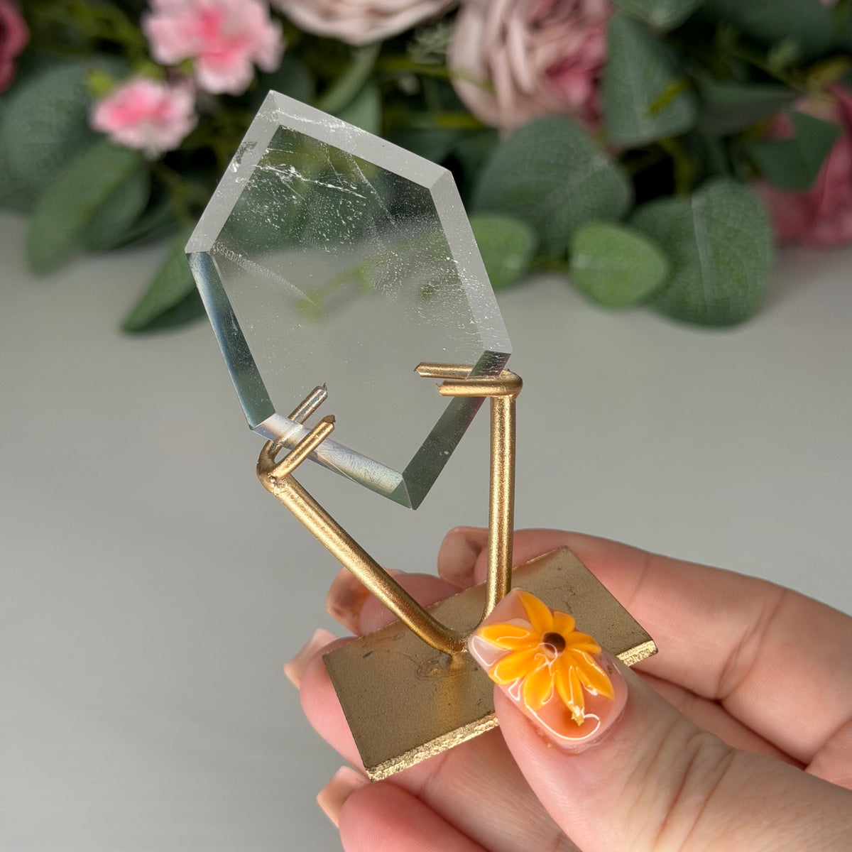 Clear Quartz Hexagon On Gold Stand F