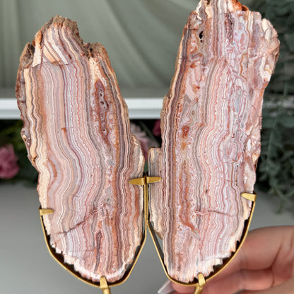 Pink Crazy Lace Agate Slab Pair On Stand