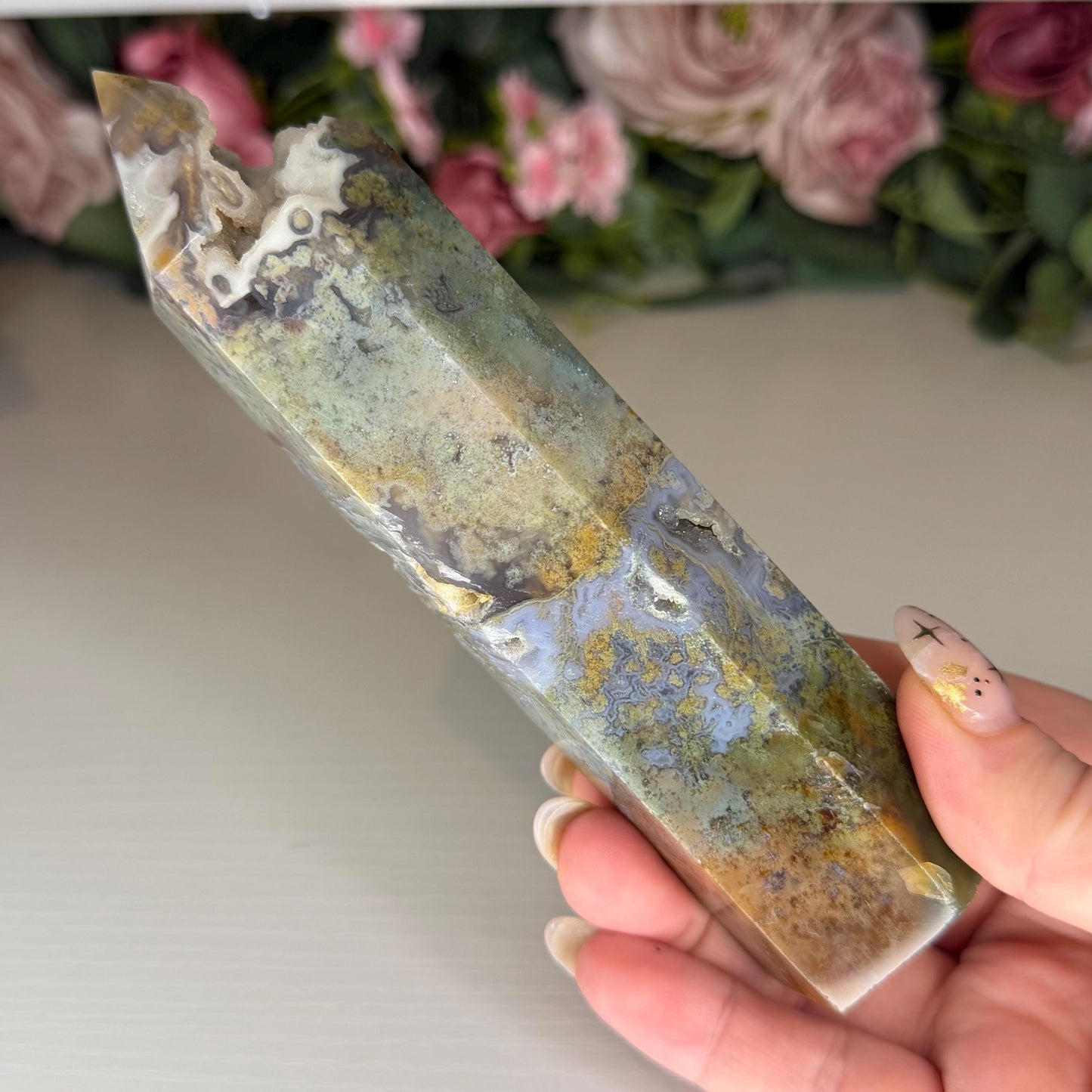 Druzy Moss Agate Tower  Polished Natural Stone