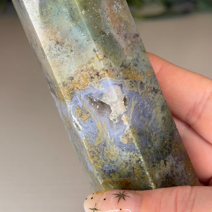 Druzy Moss Agate Tower  Polished Natural Stone