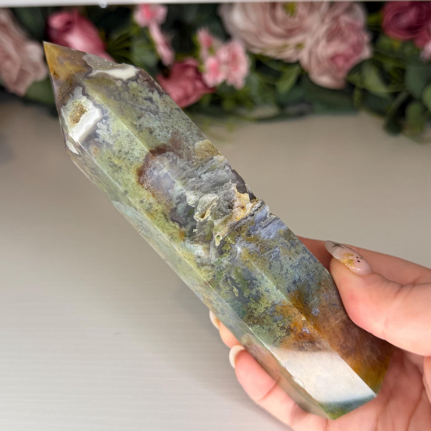 Druzy Moss Agate Tower  Polished Natural Stone