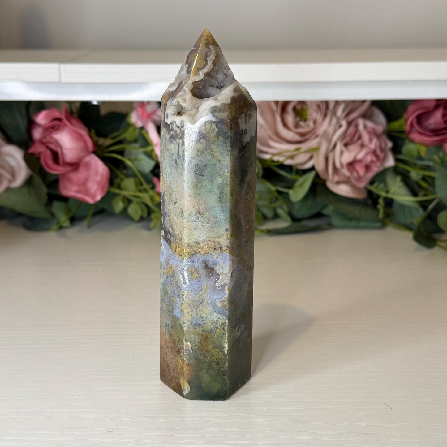 Druzy Moss Agate Tower  Polished Natural Stone