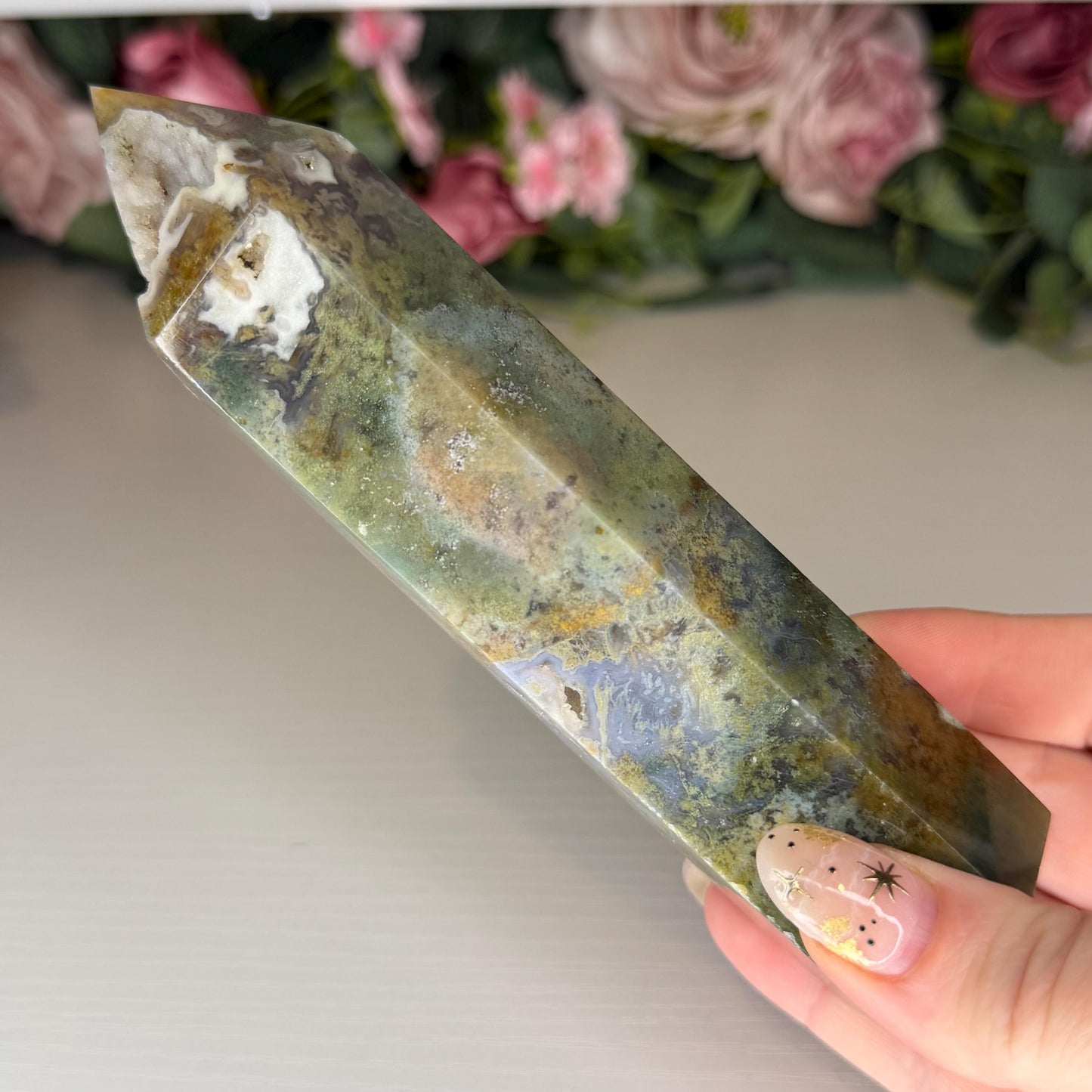 Druzy Moss Agate Tower  Polished Natural Stone